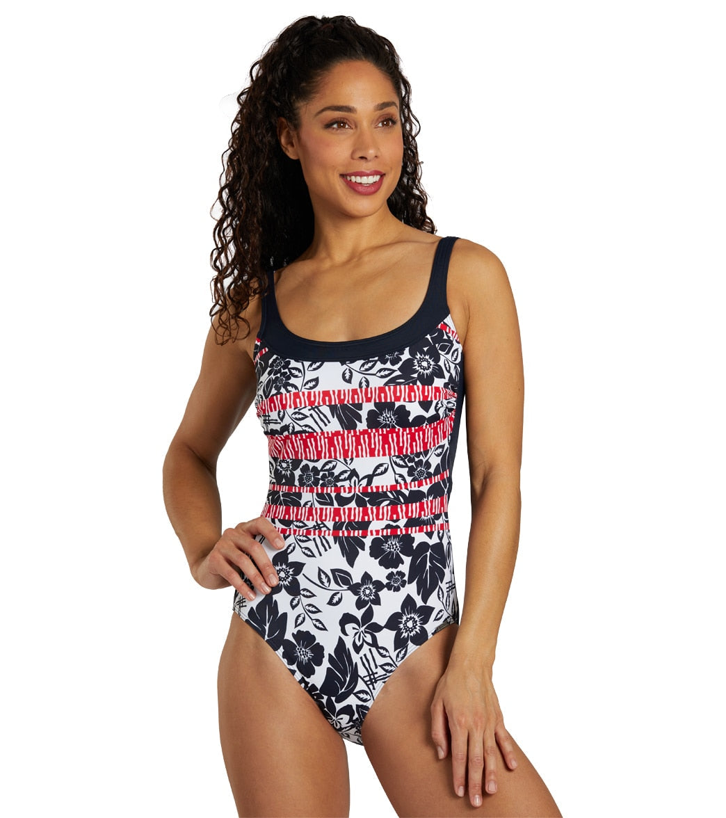 Sunmarin Women's Scoop Neck Floral Mastectomy One Piece Swimsuit