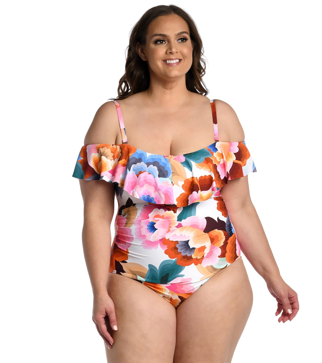 La Blanca Women's Plus Floral Rhythm Ruffle One Piece Swimsuit