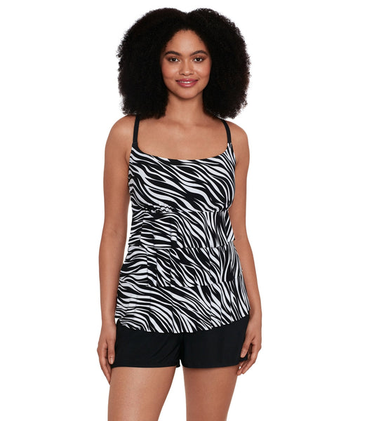 Longitude Women's Animal Instinct Ruffle Faux Shortini Long Torso One Piece Swimsuit