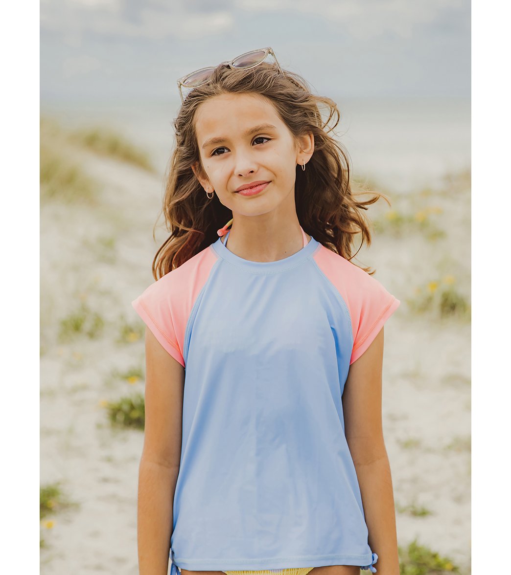 Snapper Rock Girls' Cornflower Peach Sleeve Short Sleeve Rash Guard (Toddler, Little Kid, Big Kid)