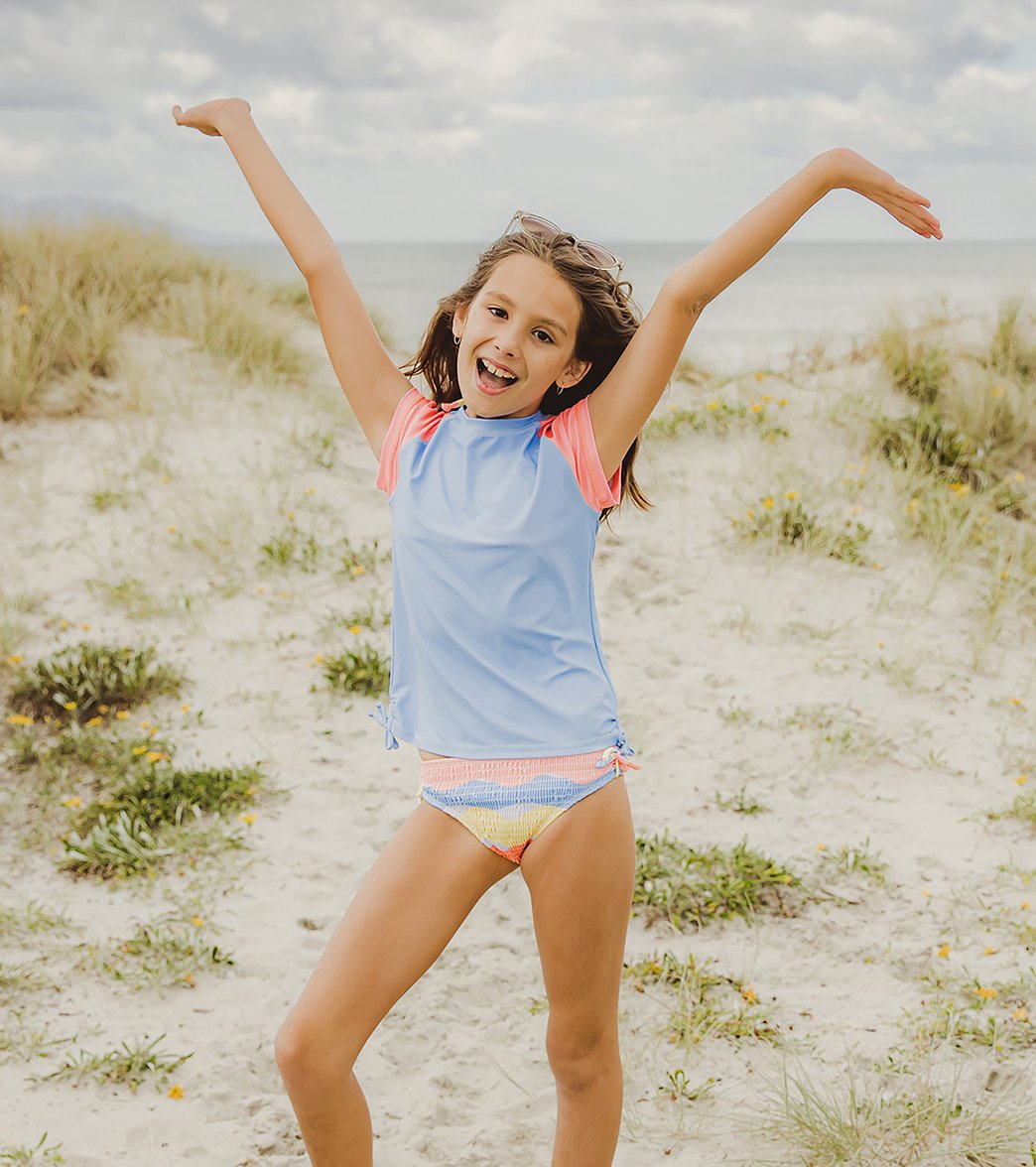 Snapper Rock Girls' Cornflower Peach Sleeve Short Sleeve Rash Guard (Toddler, Little Kid, Big Kid)