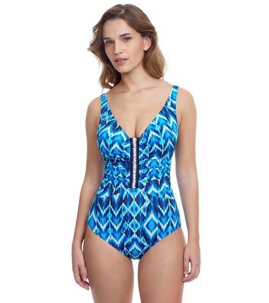 Profile by Gottex Women's Ocean Blues V Neck One Piece Swimsuit