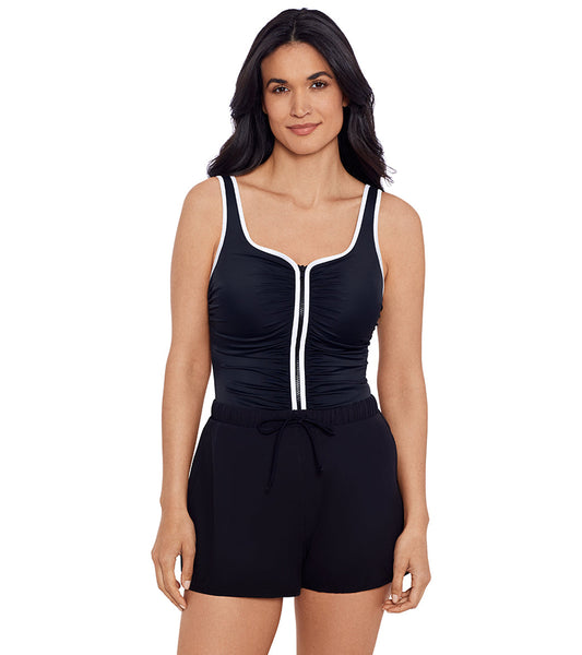 Shape Solver SPORT Women's Color Coated Shirred Zipper Swim Romper