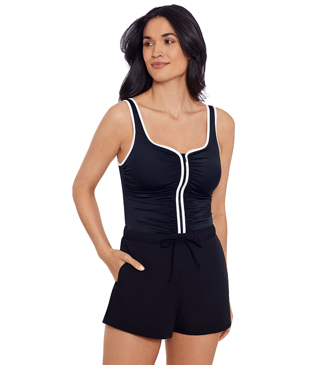 Shape Solver SPORT Women's Color Coated Shirred Zipper Swim Romper