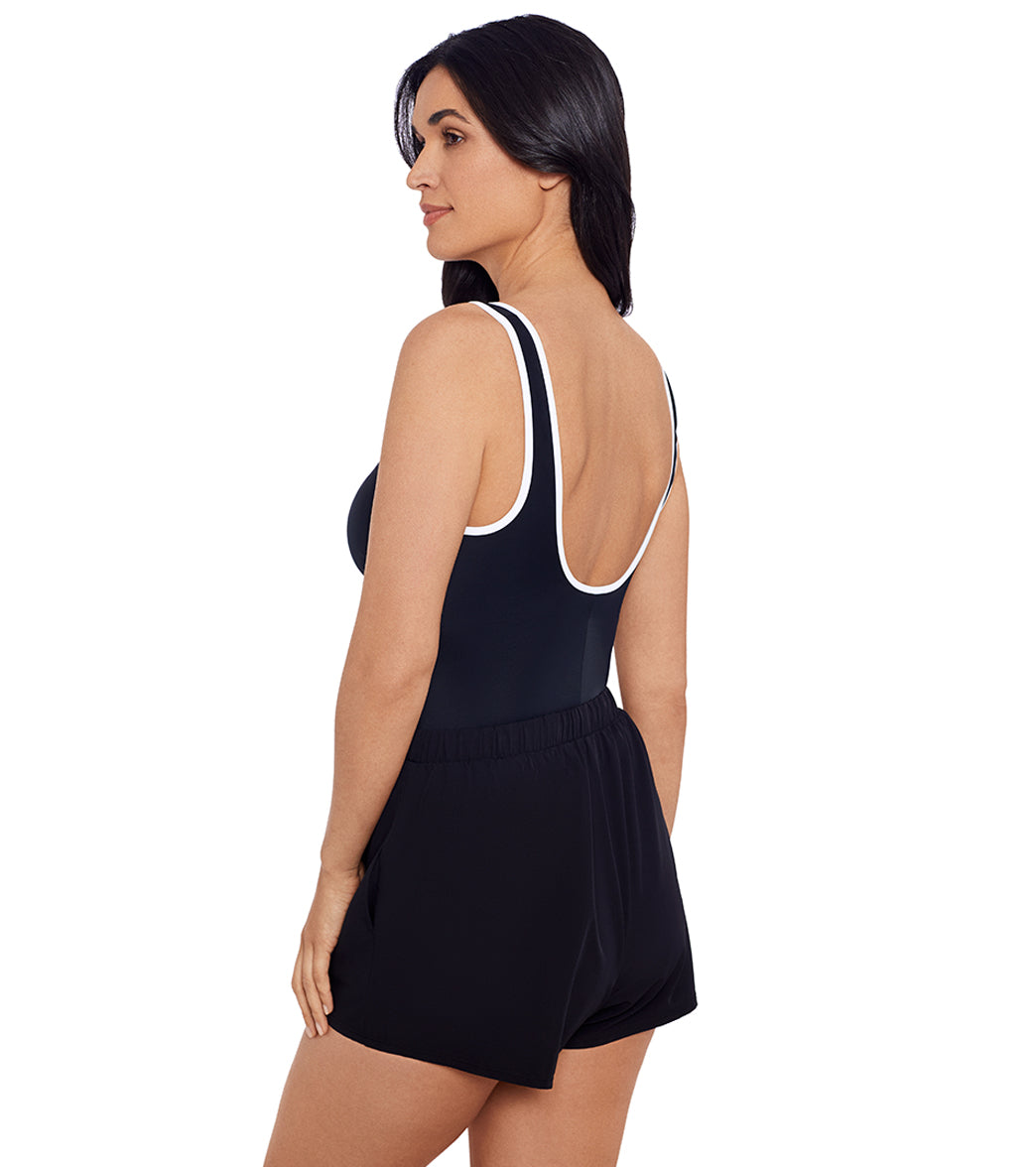 Shape Solver SPORT Women's Color Coated Shirred Zipper Swim Romper