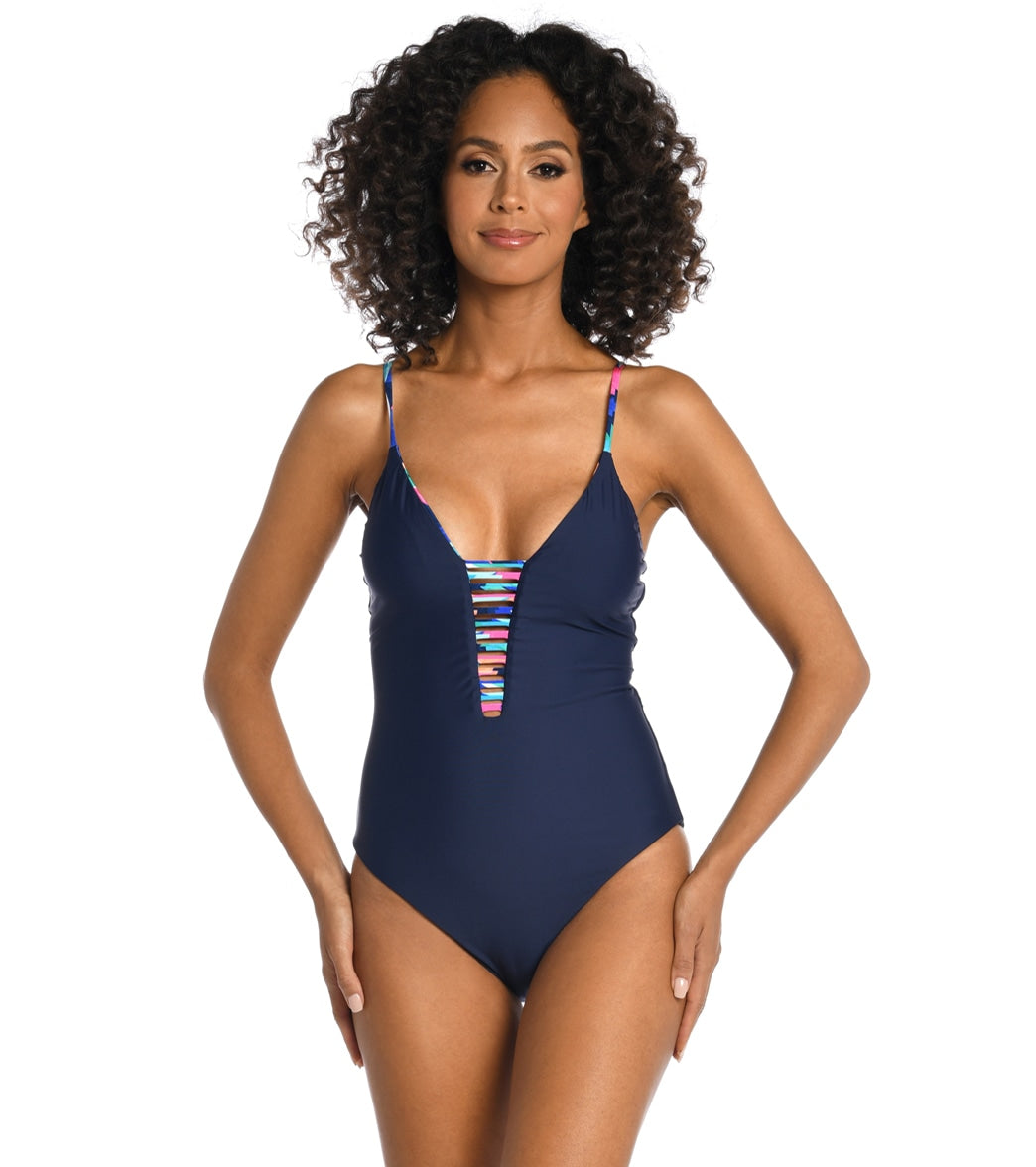 La Blanca Women's Painted Leaves Reversible Plunge One Piece Swimsuit