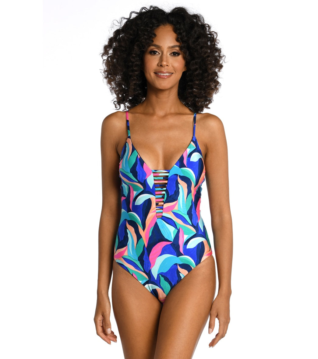La Blanca Women's Painted Leaves Reversible Plunge One Piece Swimsuit