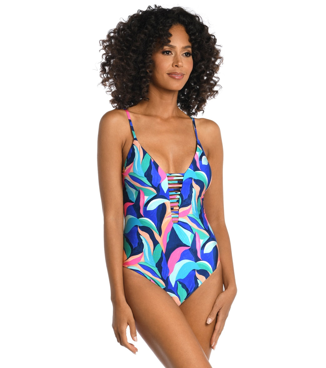 La Blanca Women's Painted Leaves Reversible Plunge One Piece Swimsuit