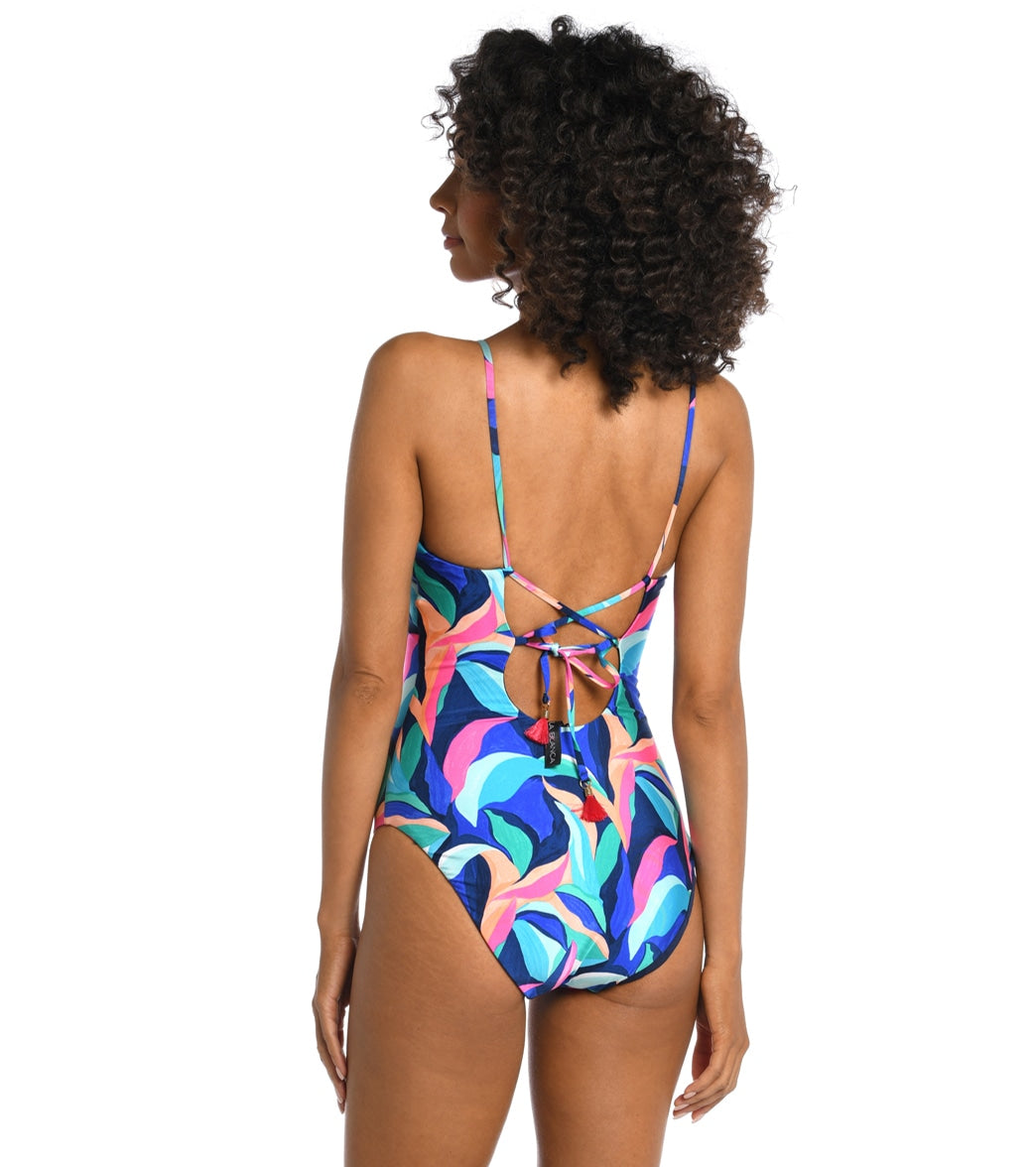 La Blanca Women's Painted Leaves Reversible Plunge One Piece Swimsuit