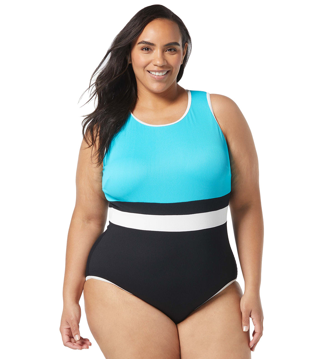 Beach House Women's Plus Size Colorblock Rib Aspire High Neck Back Zip One Piece Swimsuit