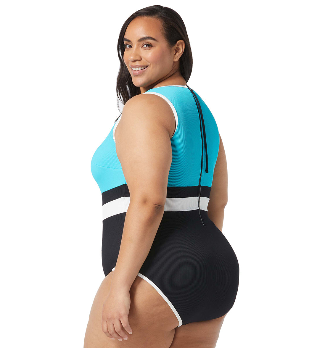 Beach House Women's Plus Size Colorblock Rib Aspire High Neck Back Zip One Piece Swimsuit