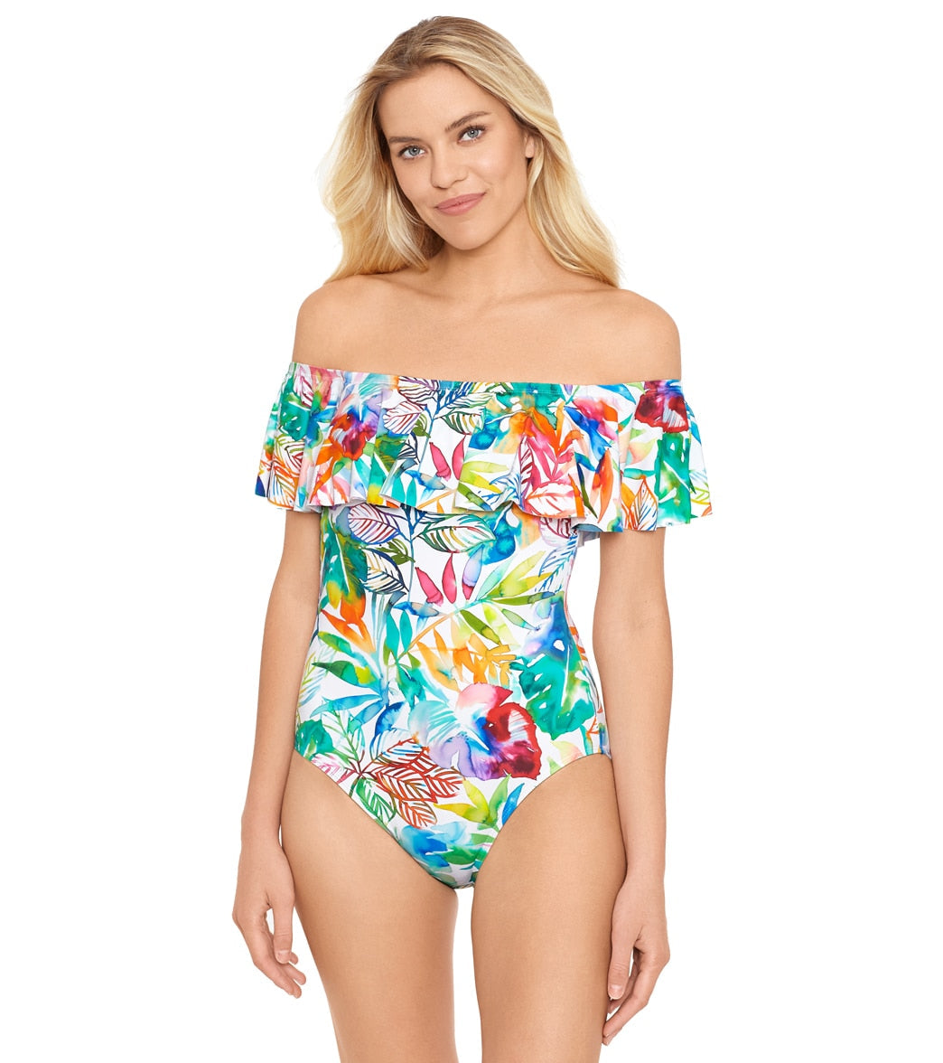 Lauren Ralph Lauren Women's Tropical Caribbean Off the Shoulder One Piece Swimsuit