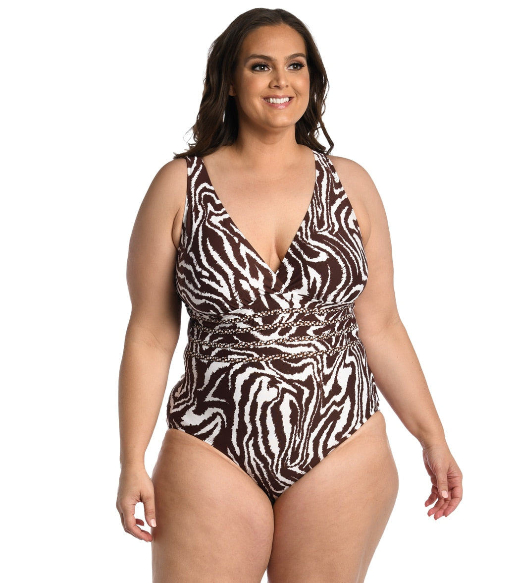 La Blanca Women's Plus Fierce Lines Cross Back One Piece Swimsuit