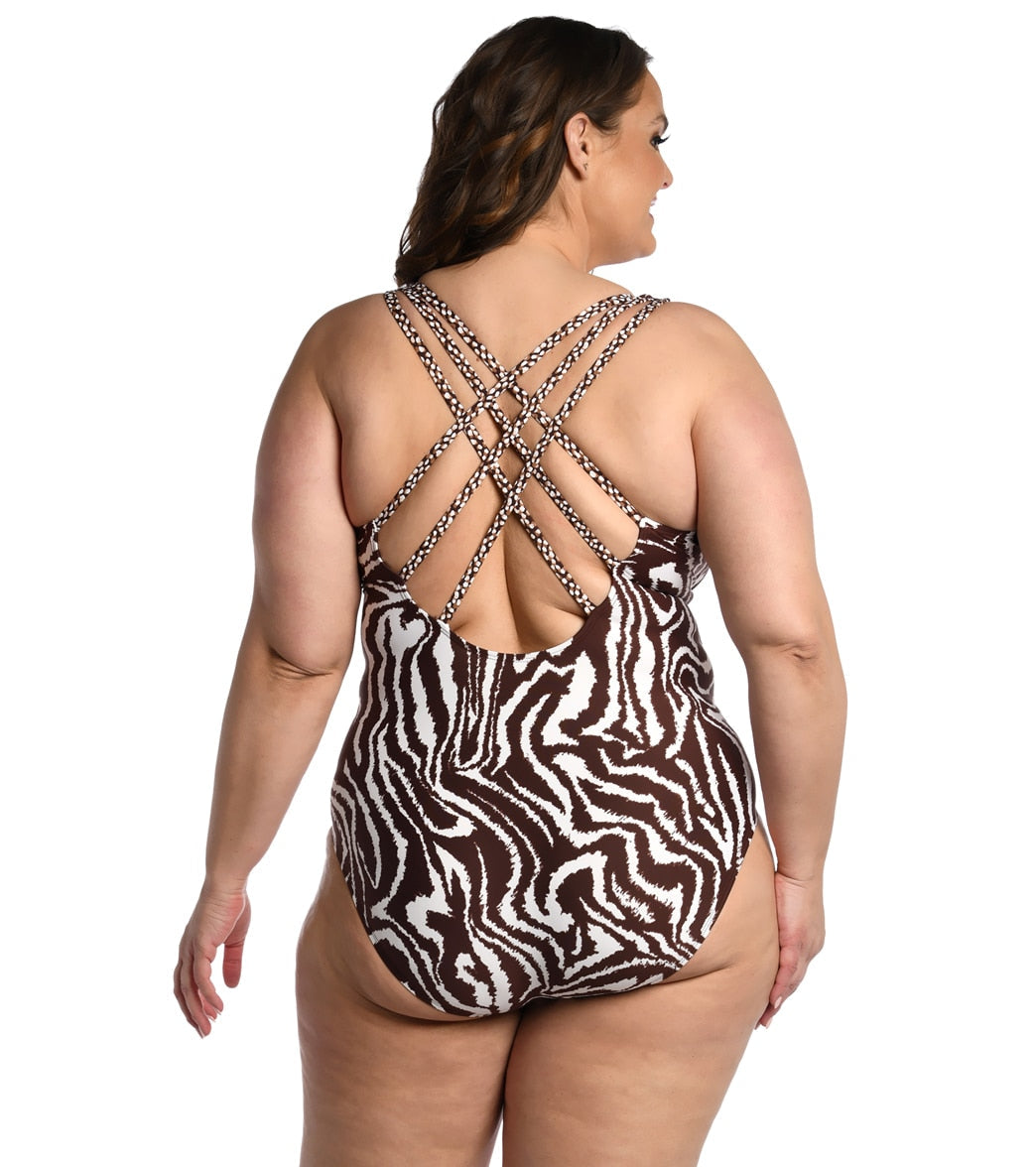 La Blanca Women's Plus Fierce Lines Cross Back One Piece Swimsuit