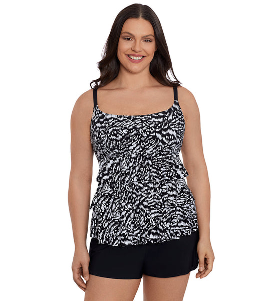 Longitude Women's Super Sleek Ruffle Faux Shortini Long Torso One Piece Swimsuit