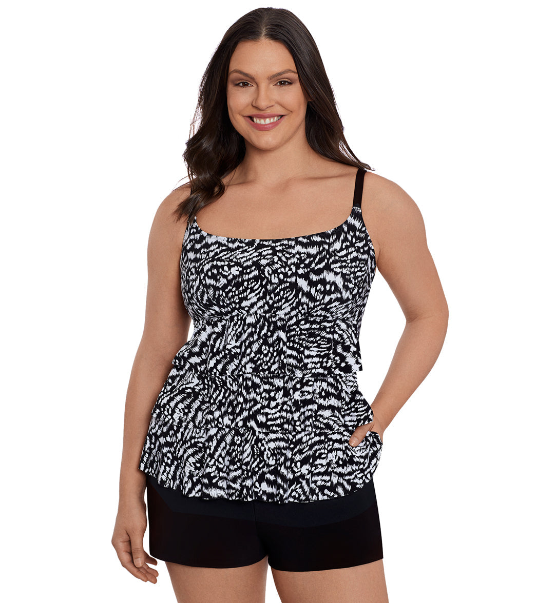 Longitude Women's Super Sleek Ruffle Faux Shortini Long Torso One Piece Swimsuit