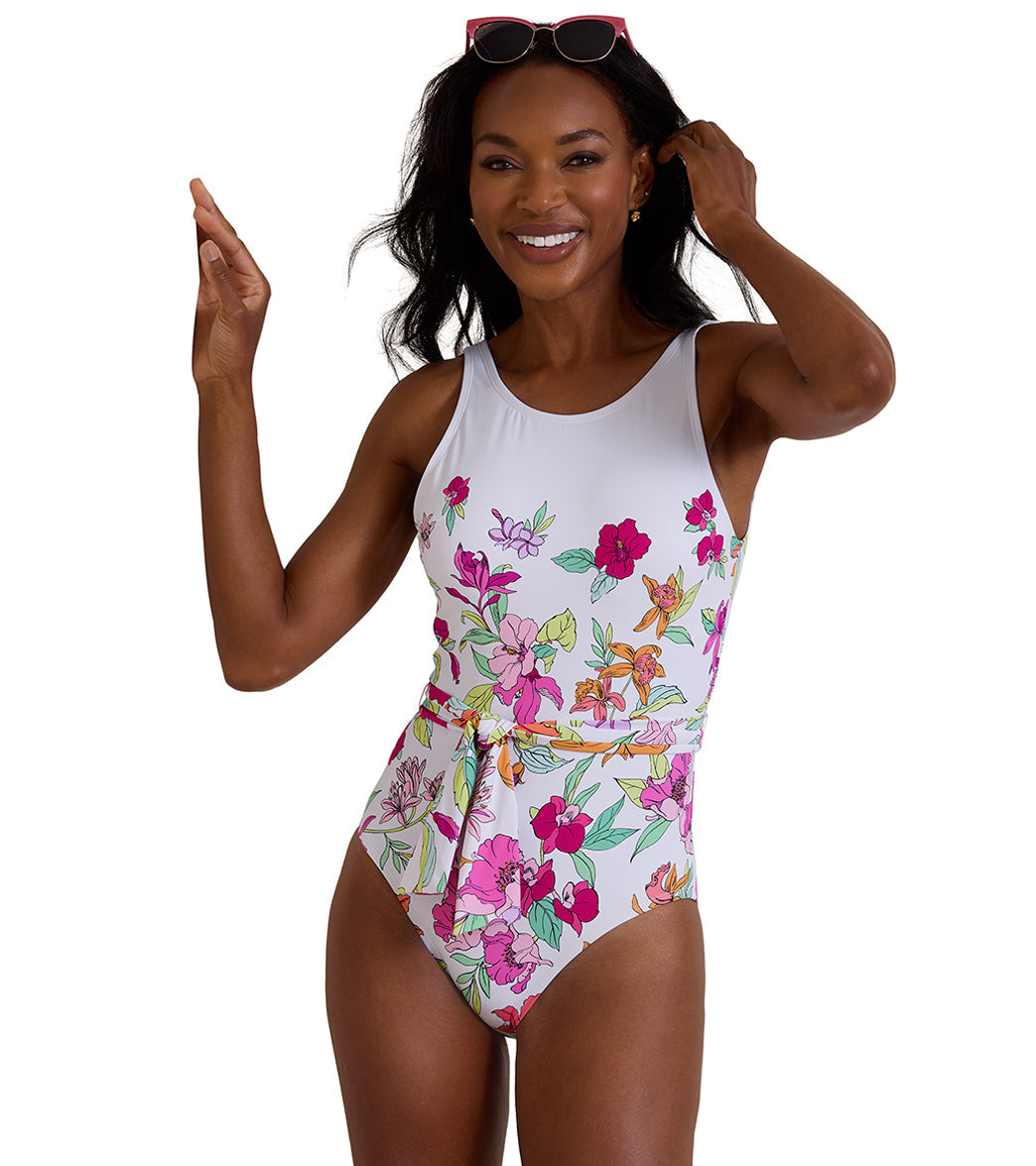 Tommy Bahama Women's Summer Floral Belted High Neck One Piece Swimsuit
