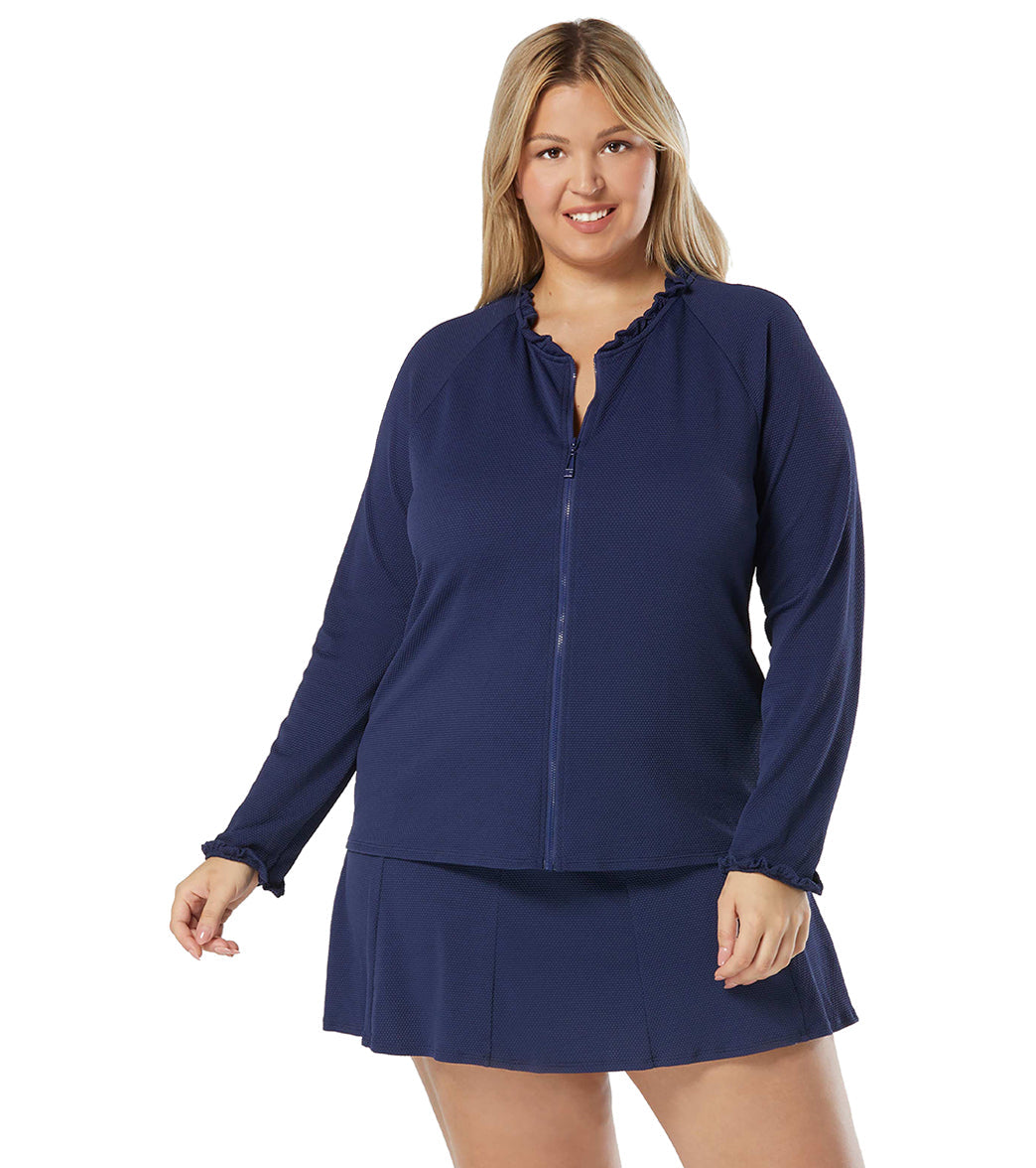 Beach House Women's Plus Size Solid Phoebe Long Sleeve Zip Front Rash Guard