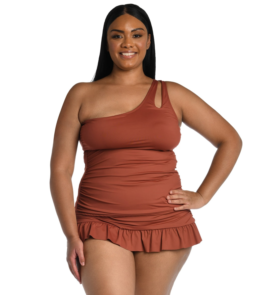 La Blanca Women's Plus Size Island Goddess One Shoulder Keyhole Tankini Top
