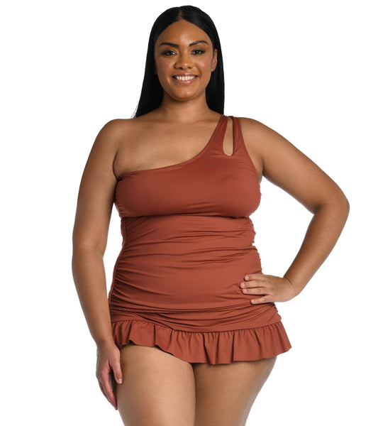 La Blanca Women's Plus Size Island Goddess One Shoulder Keyhole Tankini Top
