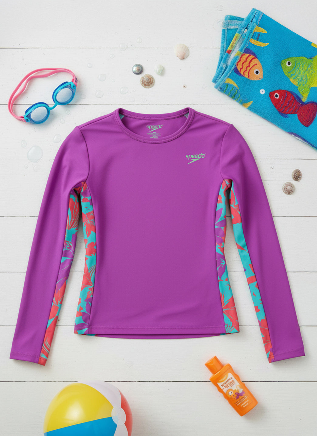 Speedo Girls' Long Sleeve Printed Splice Rash Guard (Little Kid, Big Kid)