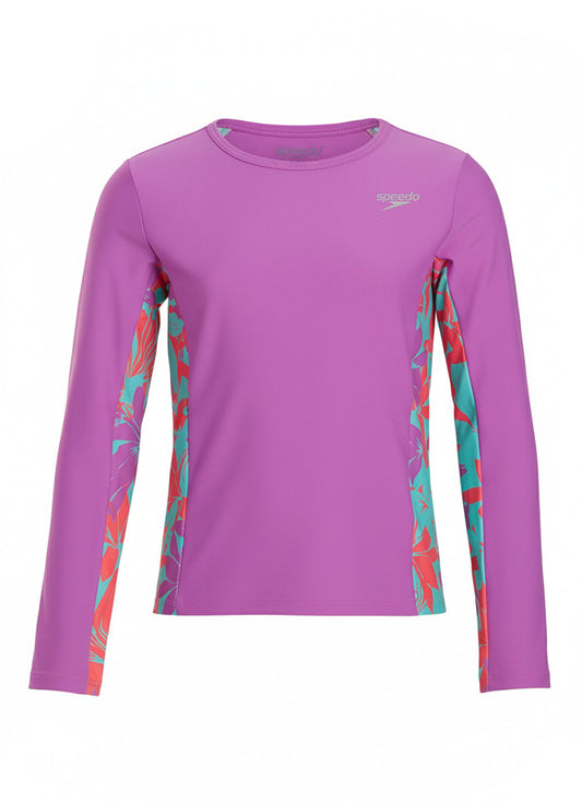 Speedo Girls' Long Sleeve Printed Splice Rash Guard (Little Kid, Big Kid)