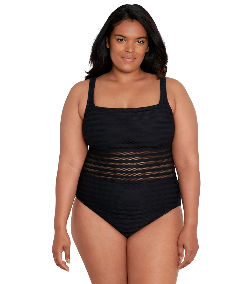 Lauren Ralph Lauren Women's Plus Size Square Neck Over The Shoulder One Piece Swimsuit
