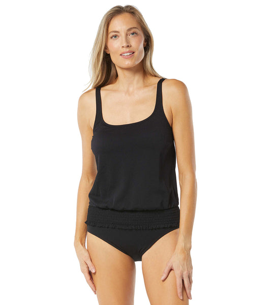Beach House Women's Solid Pique Brandy Smocked Blouson Tankini Top