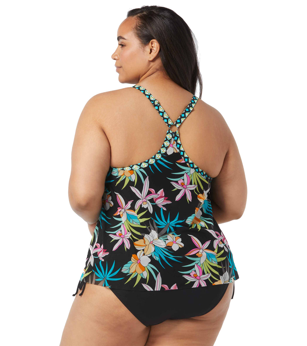 Beach House Women's Plus Size Tropical Bloom Kerry Mesh Layer Tankini Top