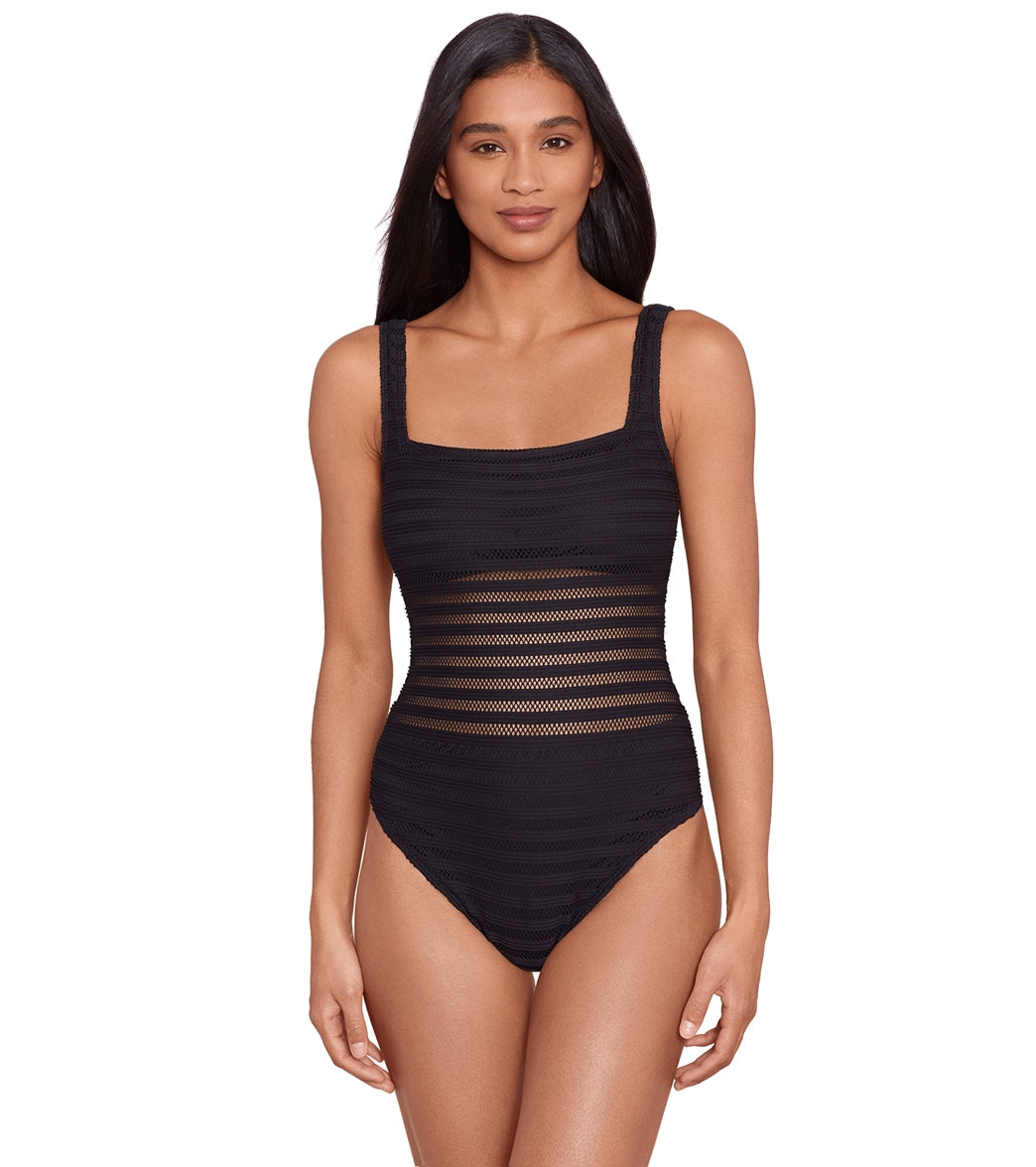 Ralph Lauren Women's Ottoman Mesh Square Neck One Piece Swimsuit