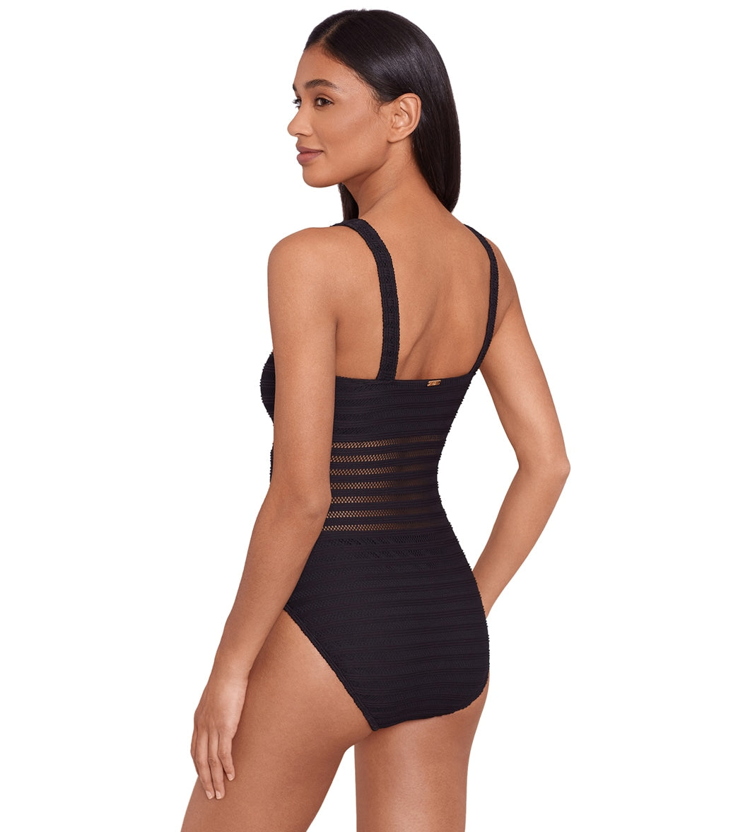 Ralph Lauren Women's Ottoman Mesh Square Neck One Piece Swimsuit