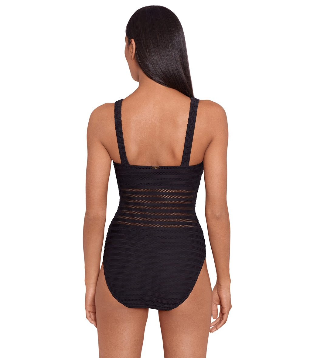 Ralph Lauren Women's Ottoman Mesh Square Neck One Piece Swimsuit