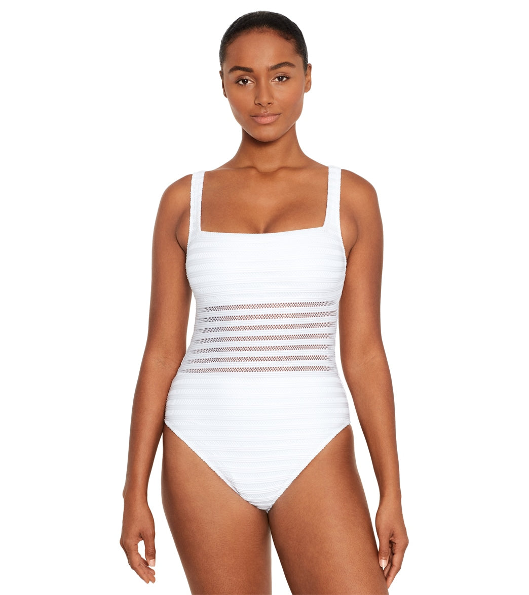 Ralph Lauren Women's Ottoman Mesh Square Neck One Piece Swimsuit