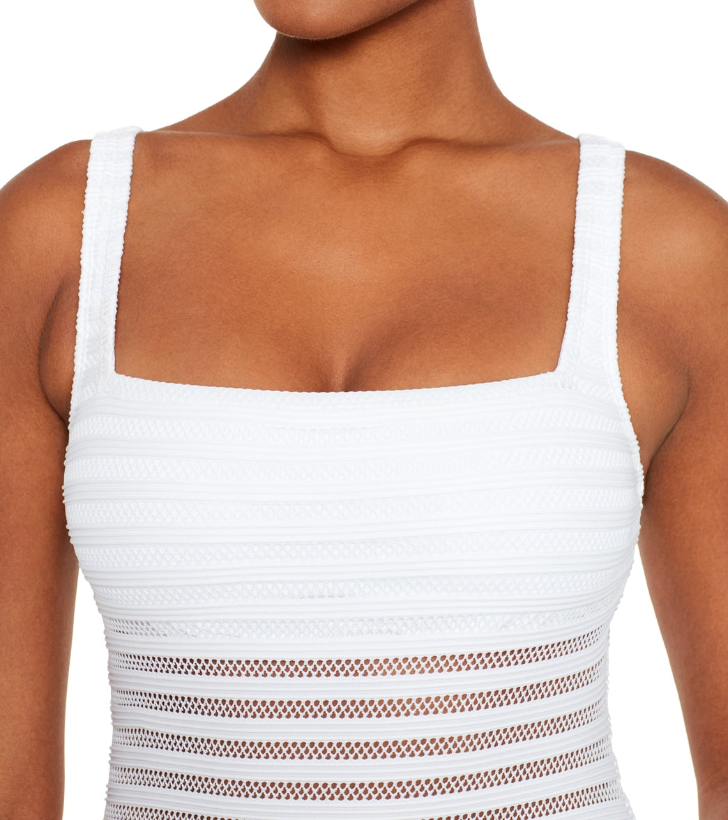 Ralph Lauren Women's Ottoman Mesh Square Neck One Piece Swimsuit