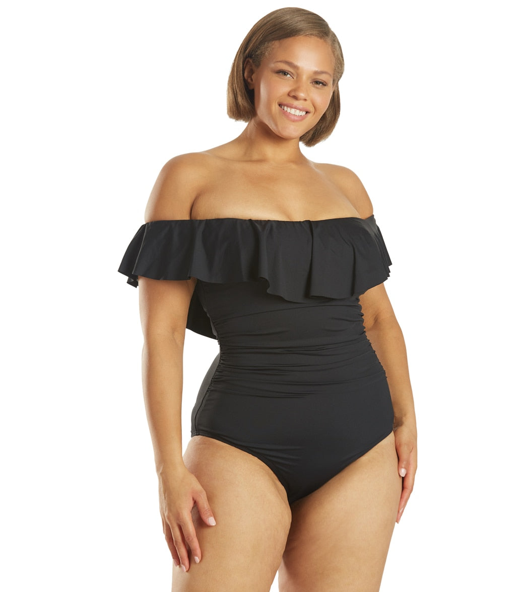 La Blanca Plus Size Island Goddess Off Shoulder Ruffle One Piece Swimsuit