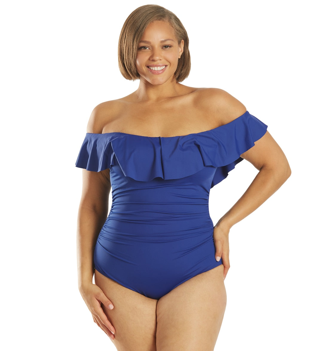 La Blanca Plus Size Island Goddess Off Shoulder Ruffle One Piece Swimsuit