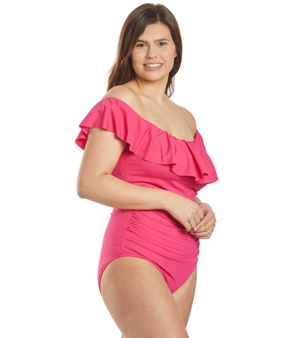 La Blanca Plus Size Island Goddess Off Shoulder Ruffle One Piece Swimsuit