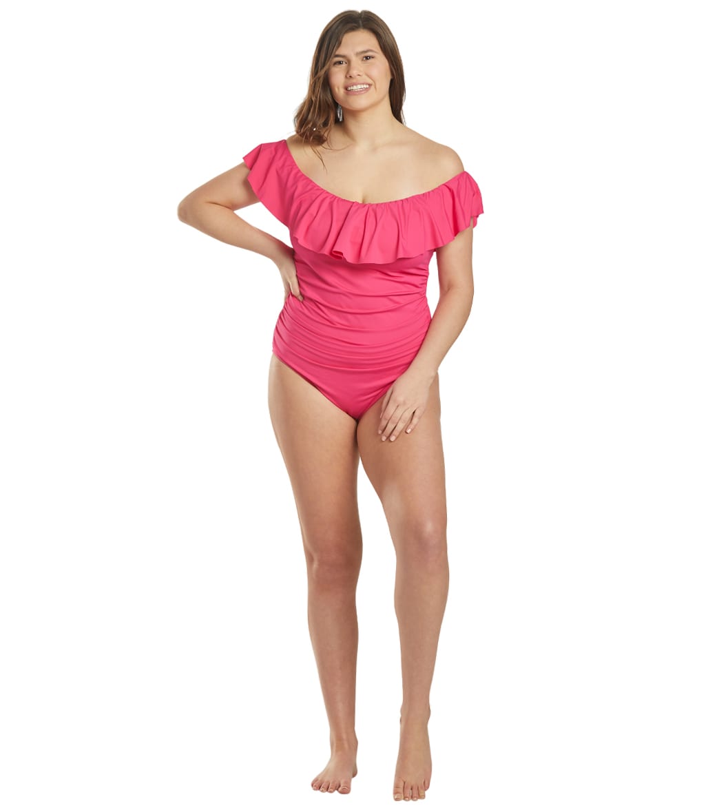 La Blanca Plus Size Island Goddess Off Shoulder Ruffle One Piece Swimsuit