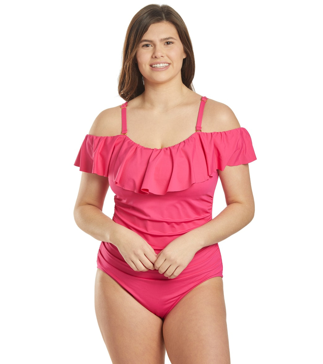 La Blanca Plus Size Island Goddess Off Shoulder Ruffle One Piece Swimsuit