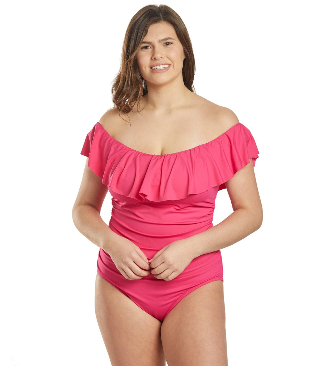 La Blanca Plus Size Island Goddess Off Shoulder Ruffle One Piece Swimsuit