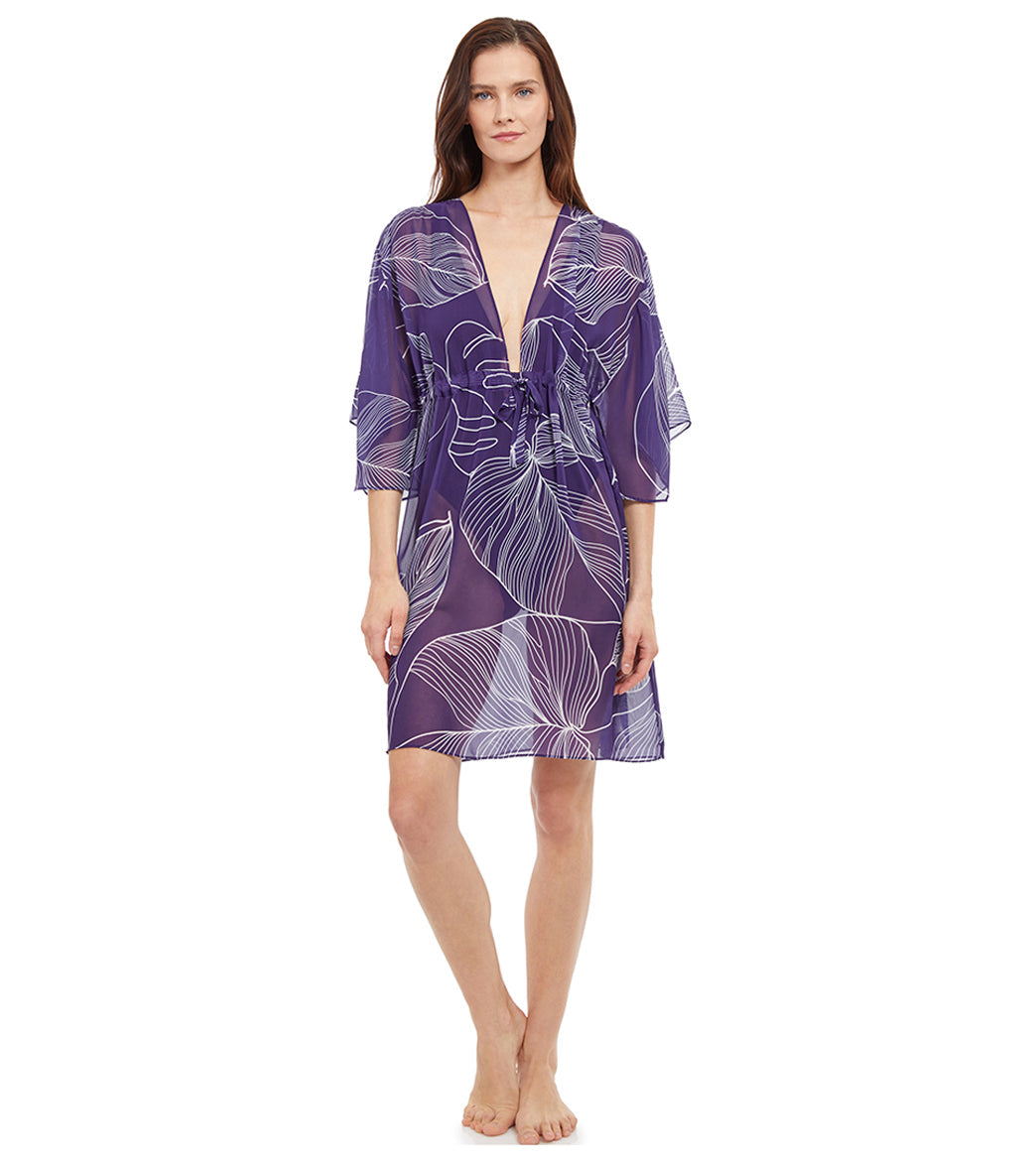 Gottex Women's Natural Essence White Etched Leaf Print Deep V Cover Up Dress