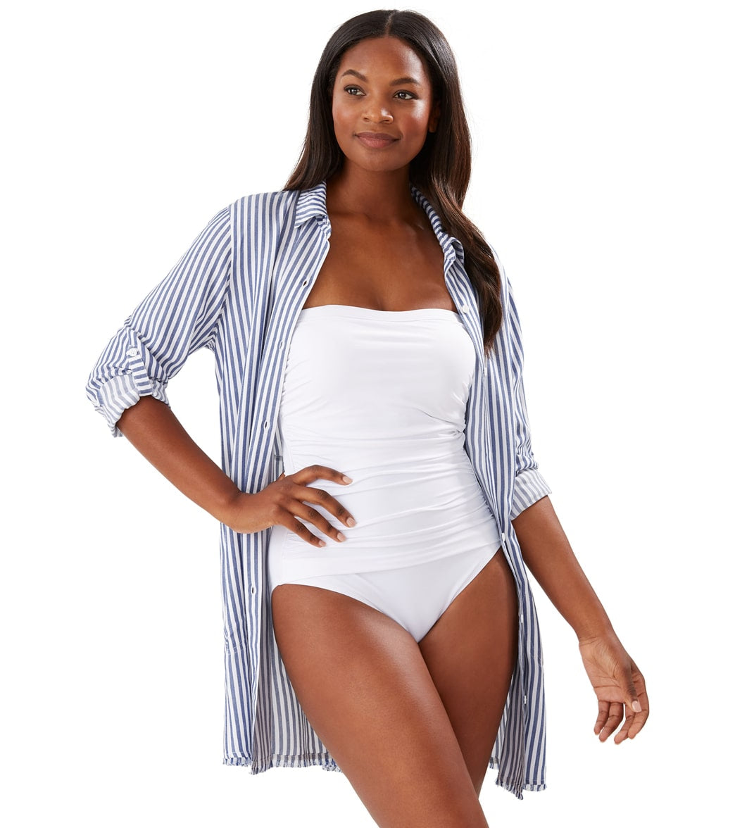 Tommy Bahama Women's Chambray Striped Boyfriend Cover Up Shirt