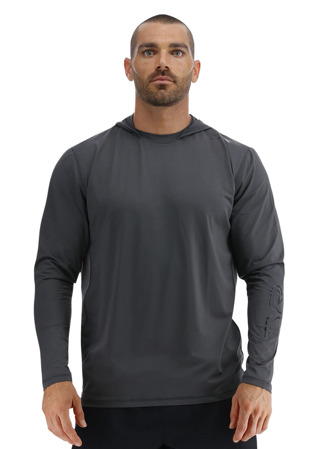 TYR Men's Solid SunDefense Hooded Long Sleeve UPF 50+ Swim Shirt
