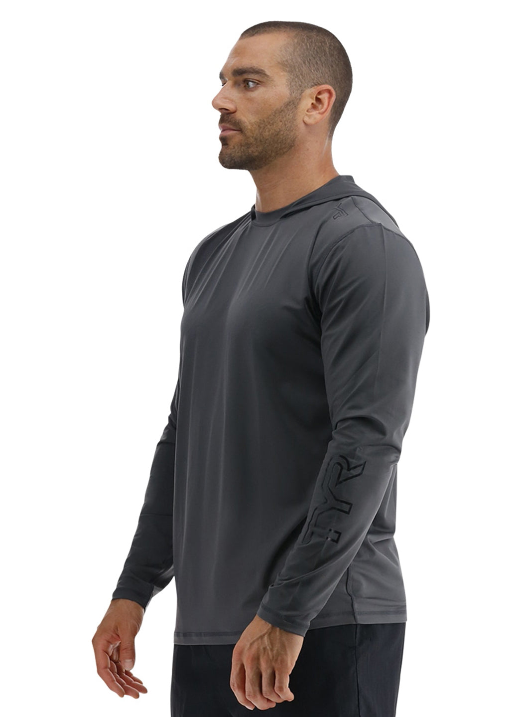 TYR Men's Solid SunDefense Hooded Long Sleeve UPF 50+ Swim Shirt