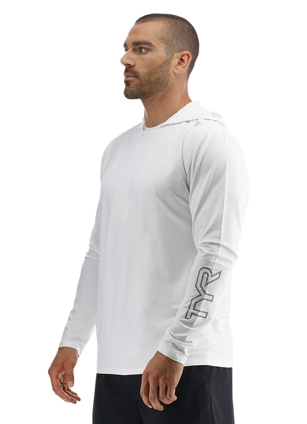 TYR Men's Solid SunDefense Hooded Long Sleeve UPF 50+ Swim Shirt