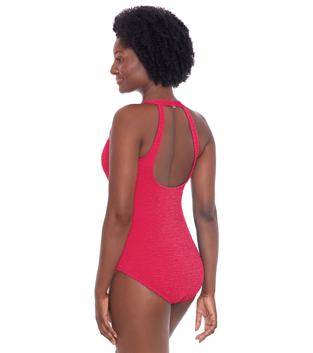 Penbrooke Women's Krinkle Chlorine Resistant High Neck One Piece Swimsuit