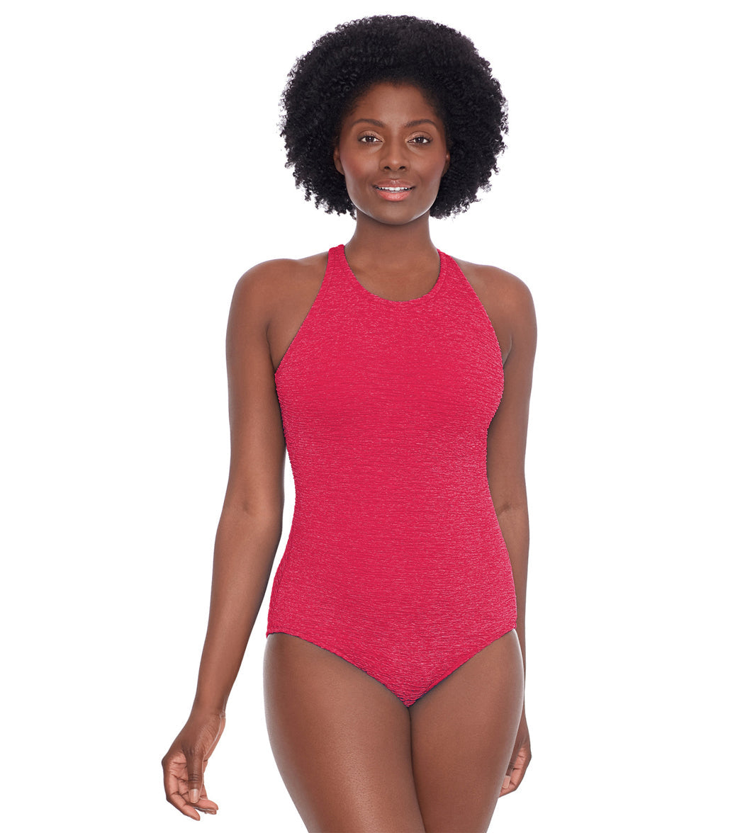 Penbrooke Women's Krinkle Chlorine Resistant High Neck One Piece Swimsuit