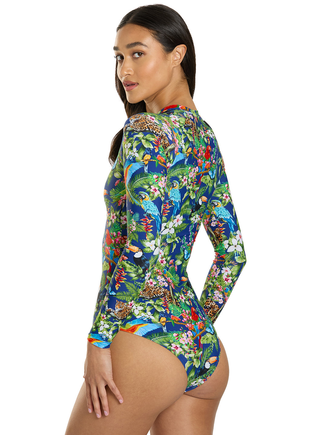 Sporti Active Tropical Oasis Zip Front Long Sleeve One Piece Swimsuit