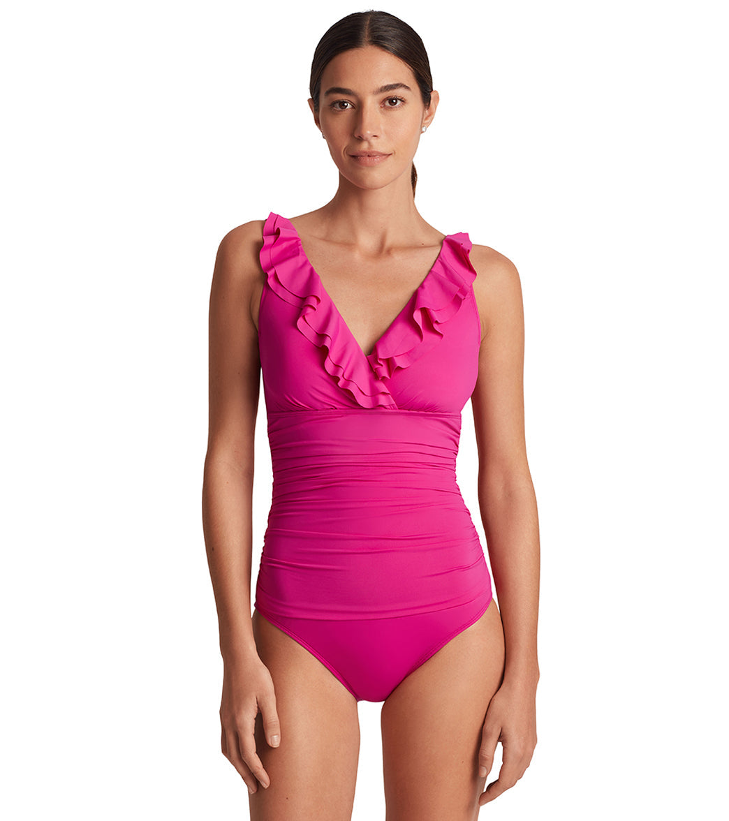 Lauren Ralph Lauren Women's Beach Club Solids Ruffle Surplice Underwire One Piece Swimsuit