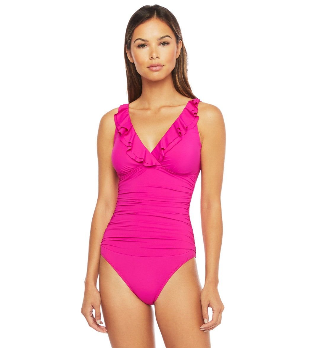Lauren Ralph Lauren Women's Beach Club Solids Ruffle Surplice Underwire One Piece Swimsuit